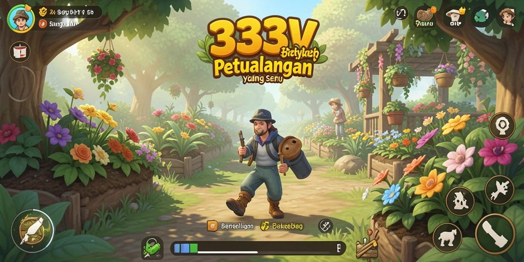 Screenshot gameplay 333V menampilkan ladang indah dan aktivitas bertani.