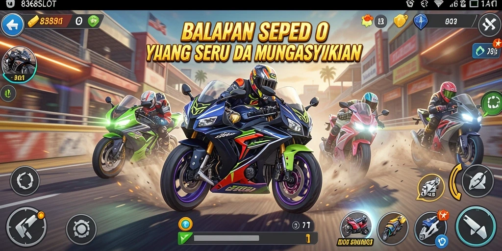 Salah satu screenshot utama dari 8368SLOT menampilkan aksi balapan motor yang seru.