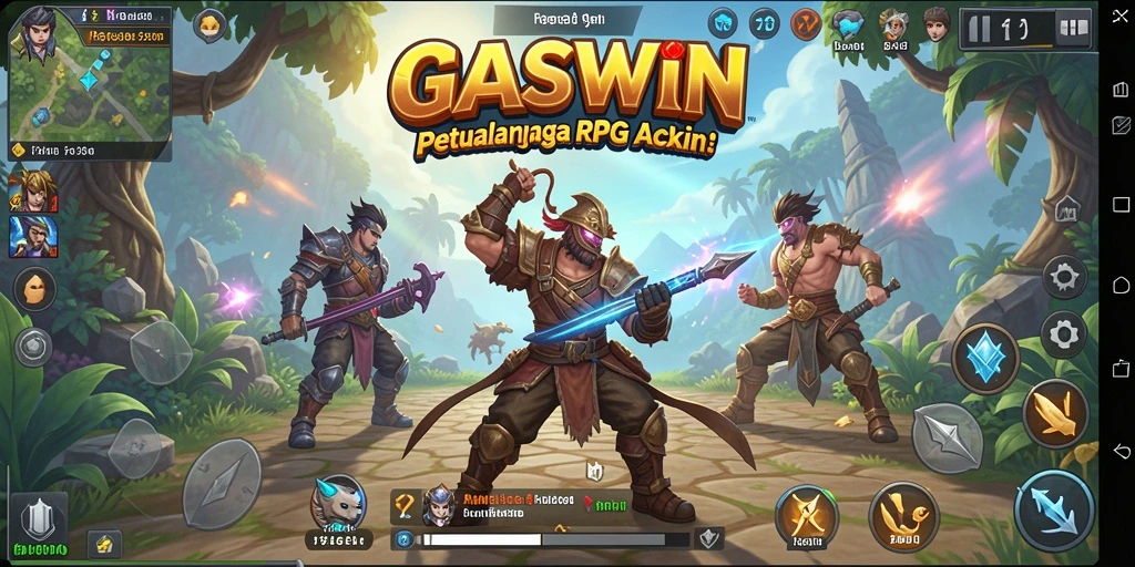 Screenshot gameplay GASWIN menampilkan pertarungan epik karakter dalam dunia fantasi.