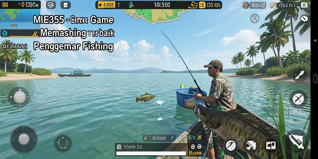 Screenshot gameplay ME355 yang menunjukkan aksi memancing seru.