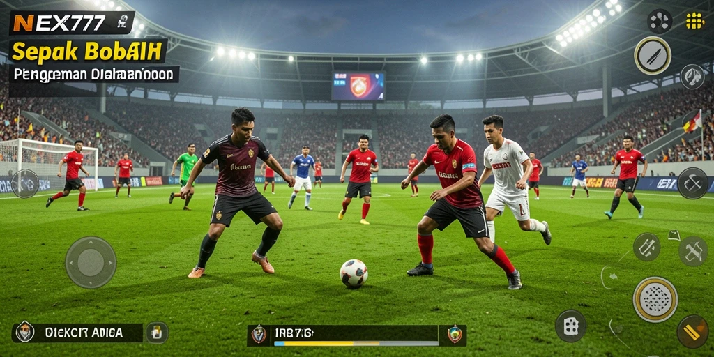 Screenshot gameplay NEX777 menampilkan aksi seru di lapangan sepak bola.