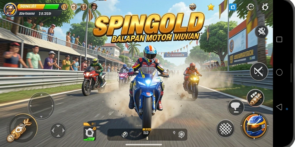Tampilan gameplay SPINGOLD yang mendebarkan dengan balapan motor yang memukau.